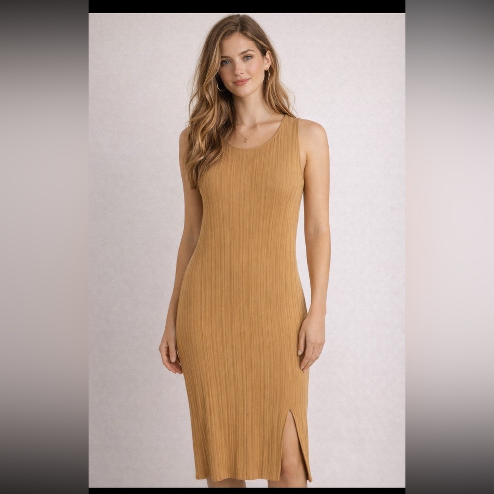 Nicole Miller Camel Ribbed Midi Dress